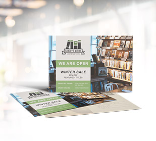 Small bookstore business flyer to announce a Winter Sale for their Opening. Flyers used as handout and mailer.