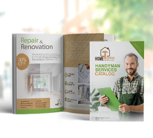Multi-page Small Business catalog printed in full-color with saddle stitch, showcasing handyman services