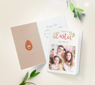 Custom 8.5"x5.5" double sided greeting card with small business branding, C1S stock and gloss coating