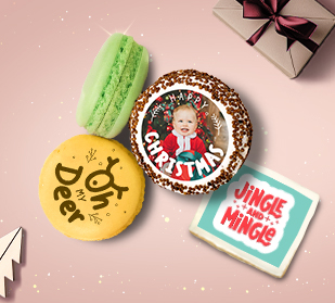 Spread holiday cheer with custom bakery-fresh cookies! Add your logo or design to sugar cookies, macarons, or chocolate-covered Oreos for a festive touch